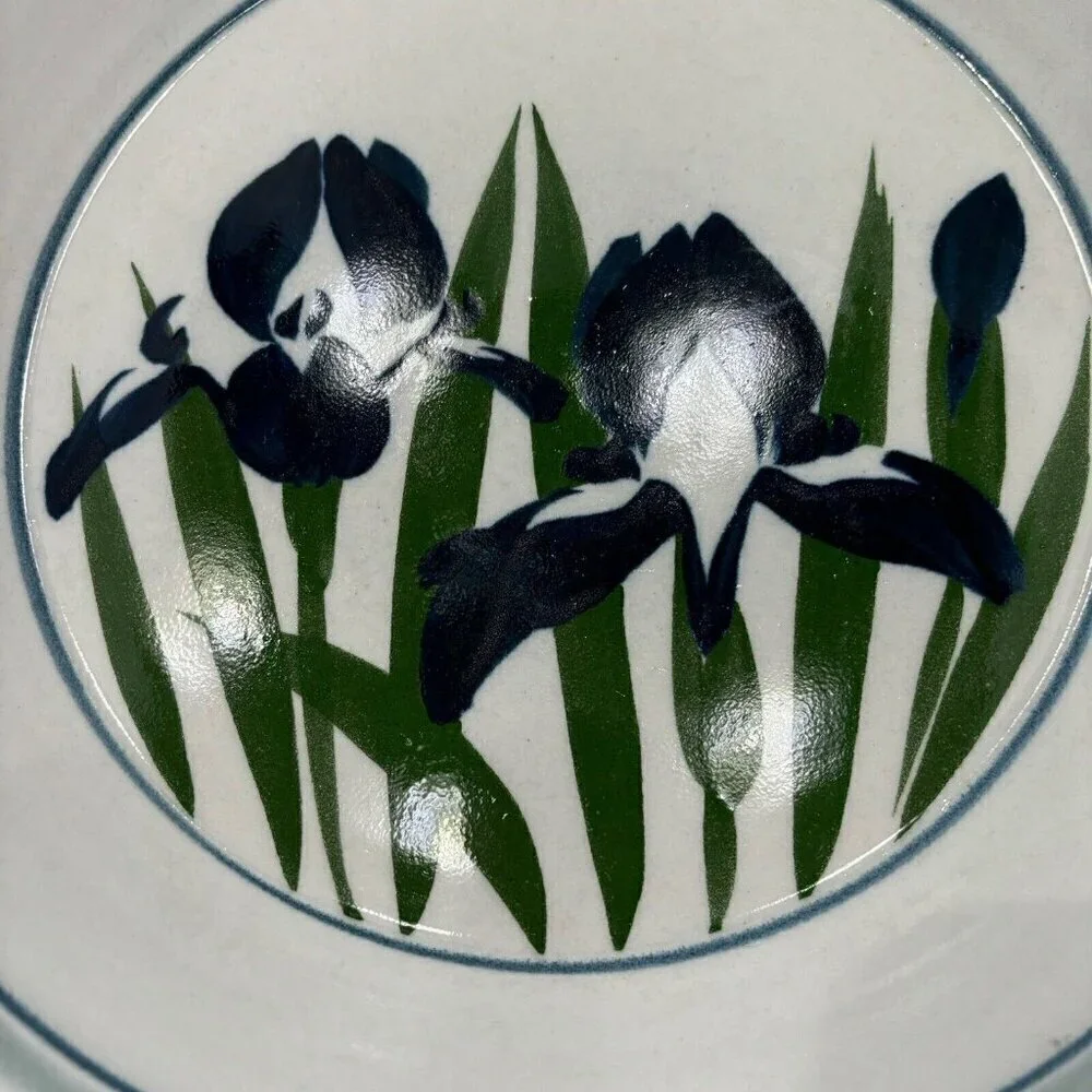 Handcrafted Pottery Artisan Signed Ward Glazed Pie Plate Shallow Bowl Iris